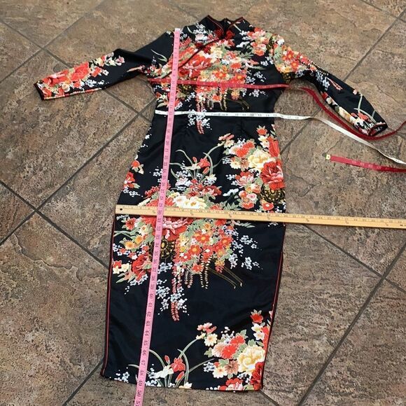 Laogudai 2 XL Black Red High Neck Long Sleeve Zip Back Asian Floral Maxi Dress - Picture 7 of 9
